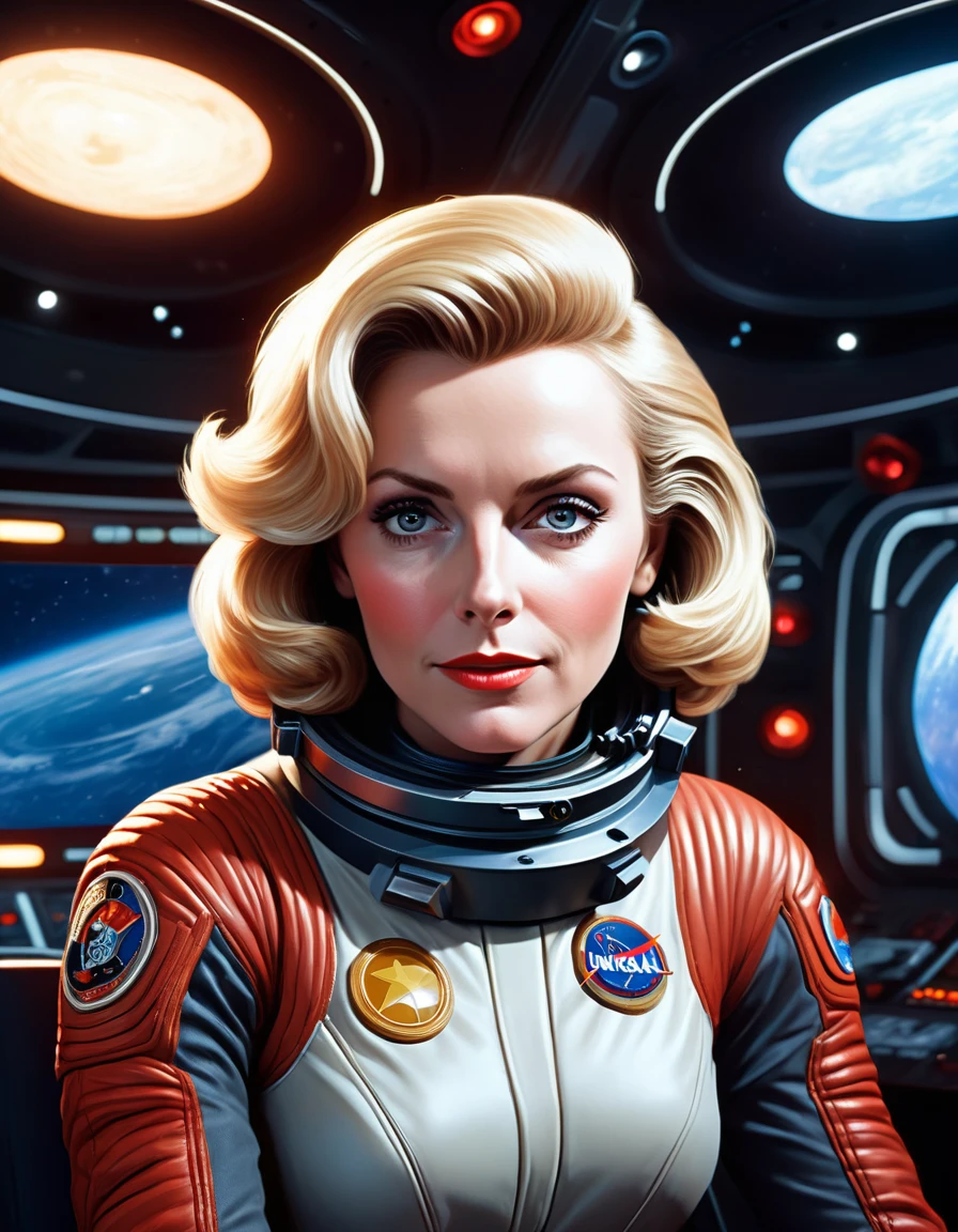 (obra de arte, melhor qualidade, ilustração, motor irreal 5, Arte oficial:1.3), Esquema de cores vermelho rico, Imagem hiper-realista de Don Lawrence de cabelos loiros [Marilynn Monroe:Elizabeth Sladen:0.45] como uma exploradora espacial feminina, um tecnocrático, onívoro, iridescente, comandante astronauta, (sentado em uma sala de controle de base estelar:1.2),rosto detalhado, cabelo detalhado, olhos detalhados, dedos perfeitos, detalhes incrivelmente intrincados, absurdos, 8K