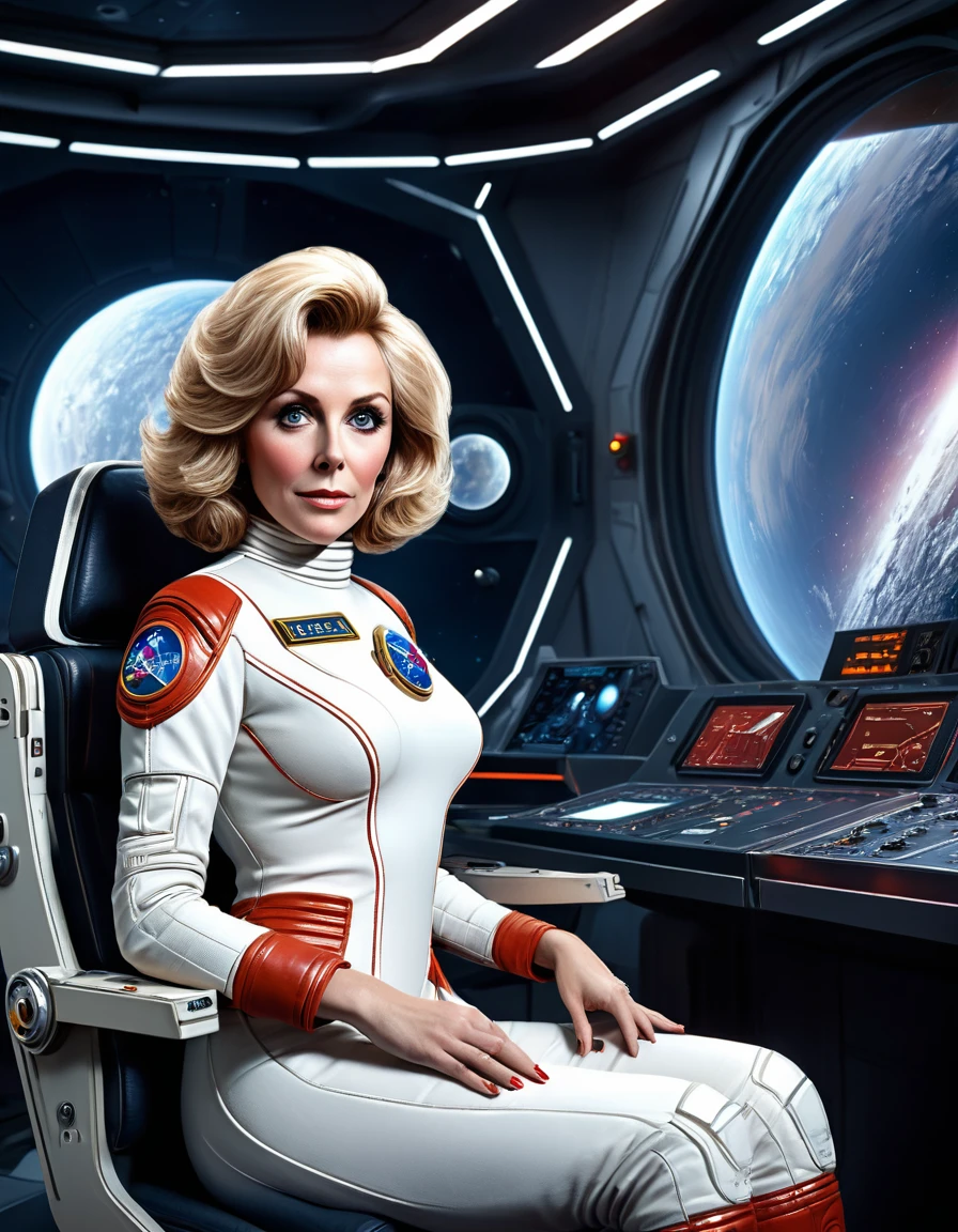 (obra de arte, melhor qualidade, ilustração, motor irreal 5, Arte oficial:1.3), Esquema de cores vermelho rico, Imagem hiper-realista de Don Lawrence de cabelos loiros [Marilynn Monroe:Elizabeth Sladen:0.45] como uma exploradora espacial feminina, um tecnocrático, onívoro, iridescente, comandante astronauta, (sentado em uma sala de controle de base estelar:1.2),rosto detalhado, cabelo detalhado, olhos detalhados, dedos perfeitos, detalhes incrivelmente intrincados, absurdos, 8K