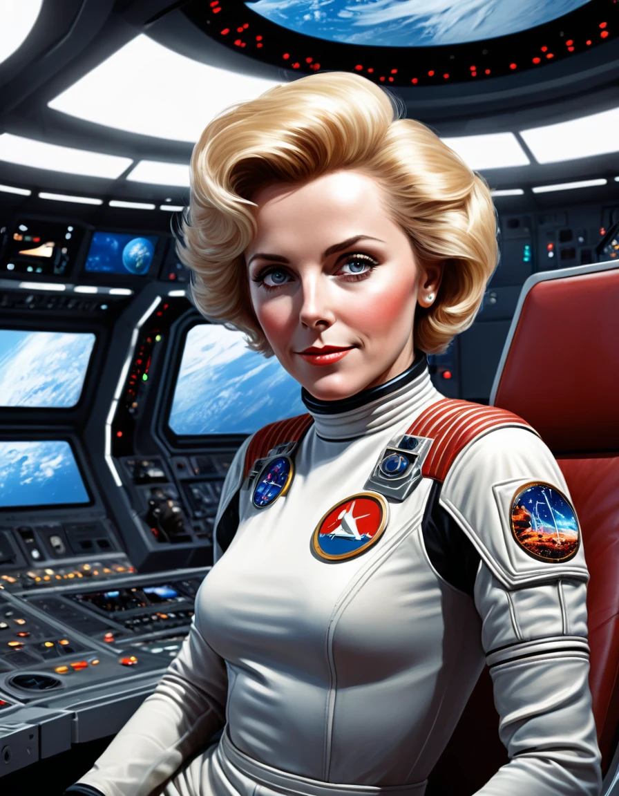 (obra de arte, melhor qualidade, ilustração, motor irreal 5, Arte oficial:1.3), Esquema de cores vermelho rico, Imagem hiper-realista de Don Lawrence de cabelos loiros [Marilynn Monroe:Elizabeth Sladen:0.45] como uma exploradora espacial feminina, um tecnocrático, onívoro, iridescente, comandante astronauta, (sentado em uma sala de controle de base estelar:1.2),rosto detalhado, cabelo detalhado, olhos detalhados, dedos perfeitos, detalhes incrivelmente intrincados, absurdos, 8K