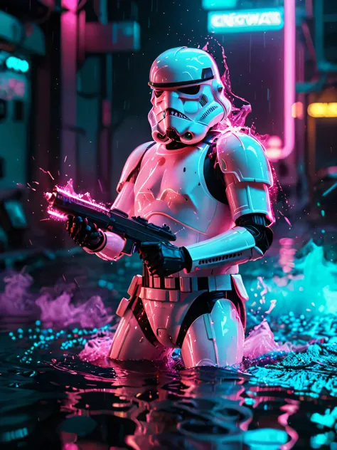 glowneon, Stormtrooper, emitting liquid light vibrant blue and pink, brightly coloured glowing water, cinematic film still, neon...