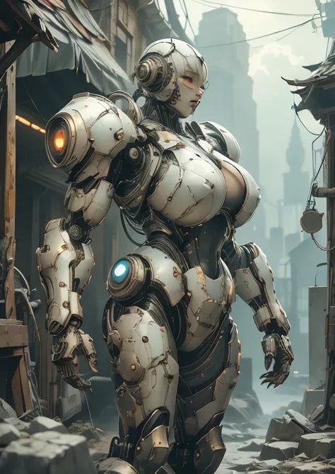NSFW masterpiece，（best quality）Giant Cyberpunk Female Mechanical Titan，Marble prosthetic breast modified with giant mechanical s...
