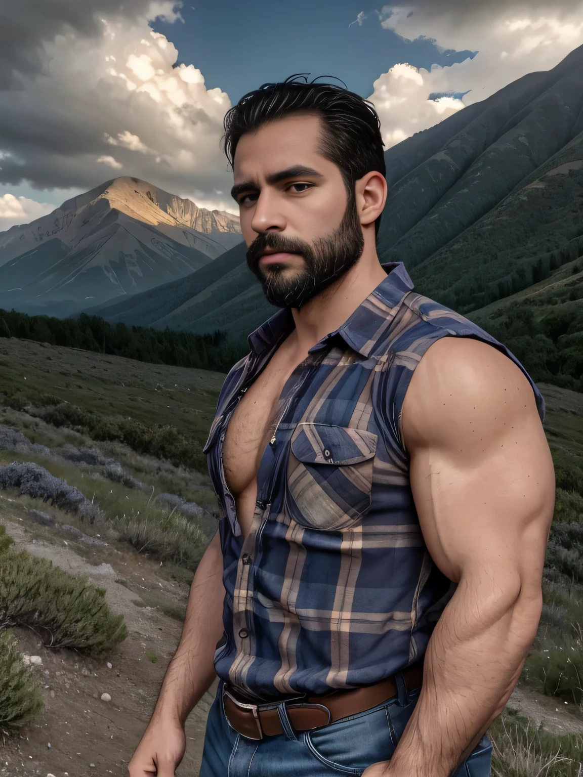 obra maestra, Mejor calidad, high resolution, Retrato de primer plano, (1 chico:1.4) A man in a lumberjack suit, muscular, (con camisa: 1.2) enfoque masculino, enfocarse solo, piel bronceada, 38-year-old man dressed as a lumberjack., muscular, fuerte, peludo, Masculino, (descamisado: 1.2), In the background a mountain, en una tormenta, amazing composition, Vista frontal, HDR, volumetric lighting, (plano general, desde el frente:1.2) (GS-Macho :1.5) (magnificent landscape:1.2)