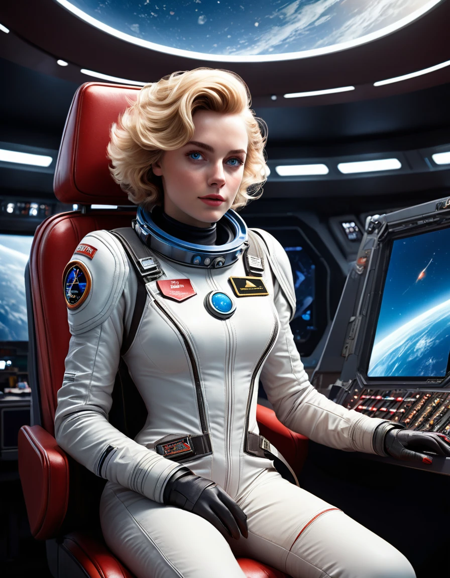 (masterpiece, best quality, illustration, unreal engine 5, official art:1.3), Rich Red color scheme, Don Lawrence hyper realistic picture of 24 yo Blond Haired [Marilynn Monroe:Maude Adams:0.45] as a Female Space Explorer, a technocratic, omnivorous, iridescent, astronaut commander, (sitting in a starbase control room:1.2),detailed face, detailed hair, detailed eyes, perfect fingers, insanely intricate detail, absurdres, 8k