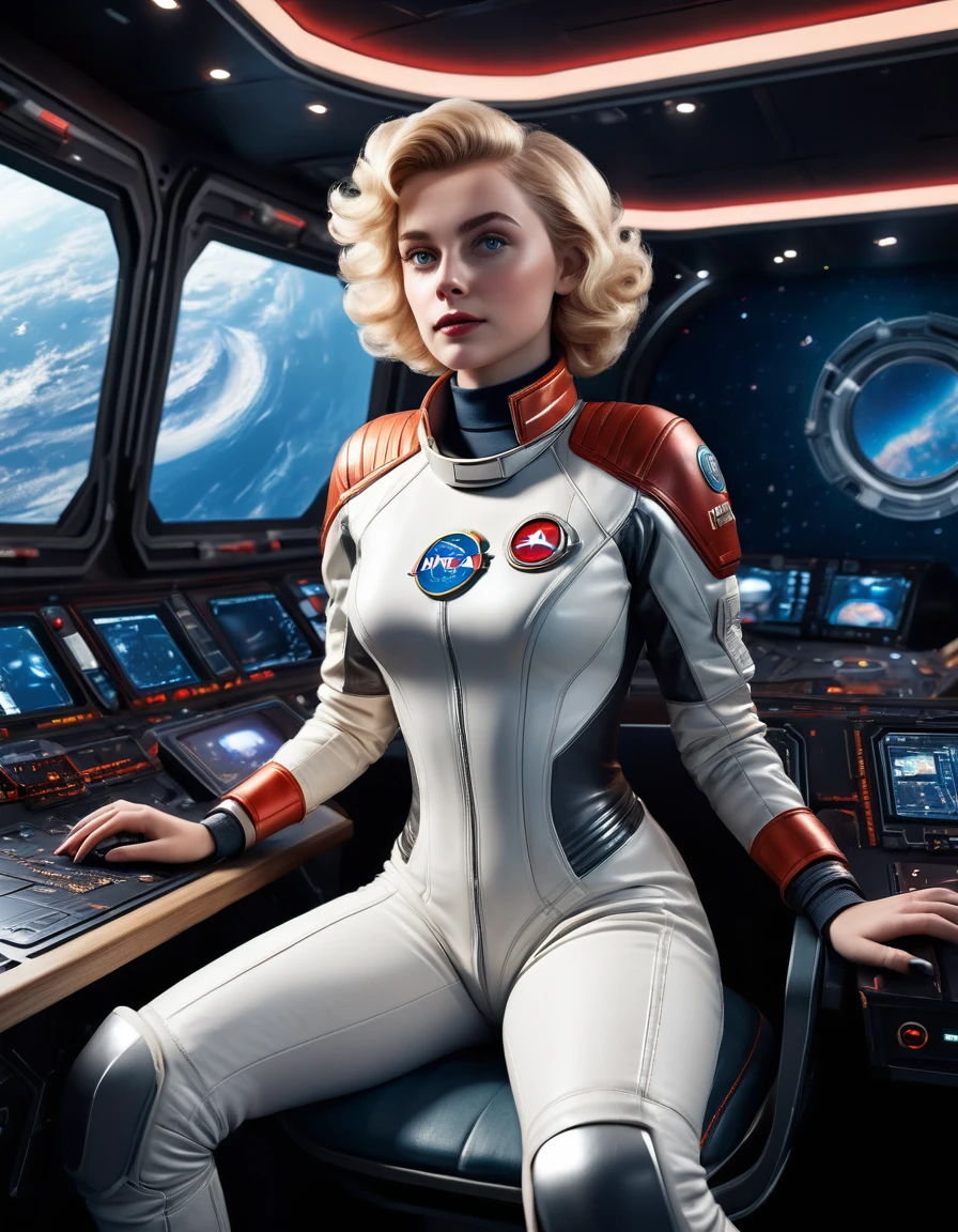 (masterpiece, best quality, illustration, unreal engine 5, official art:1.3), Rich Red color scheme, Don Lawrence hyper realistic picture of 24 yo Blond Haired [Marilynn Monroe:Maude Adams:0.45] as a Female Space Explorer, a technocratic, omnivorous, iridescent, astronaut commander, (sitting in a starbase control room:1.2),detailed face, detailed hair, detailed eyes, perfect fingers, insanely intricate detail, absurdres, 8k