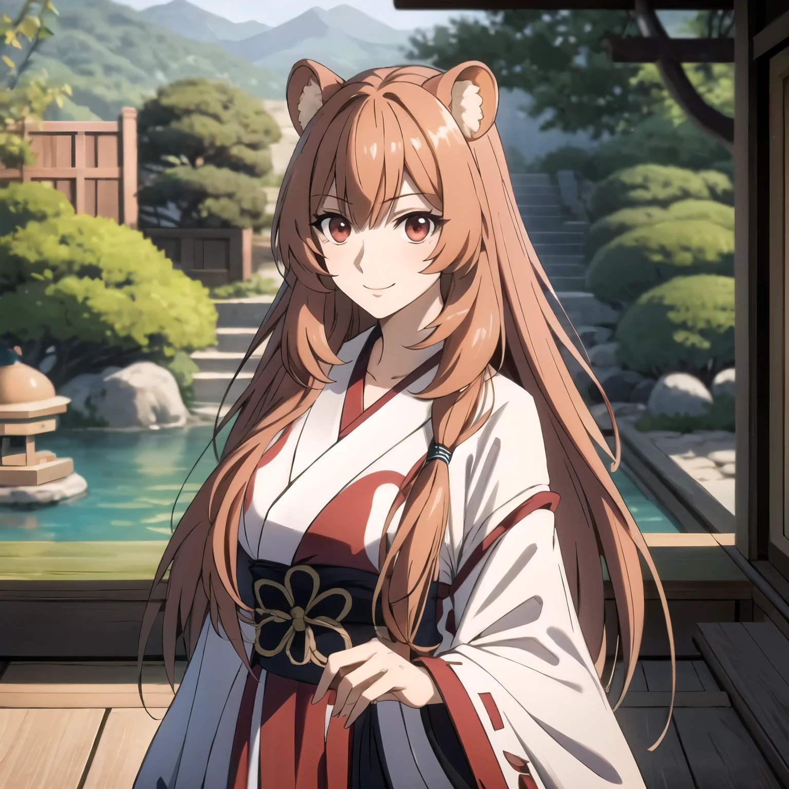 Anime girl in a kimono outfit standing in front of a pond - SeaArt AI