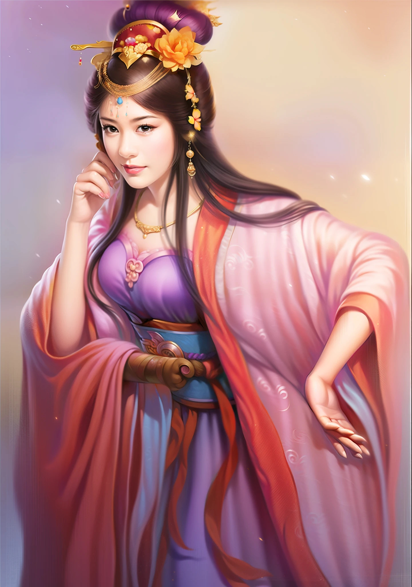 mulher usando vestido roxo e coroa dourada, linda rainha da fantasia, bela pintura de figura, ((linda rainha da fantasia)), ancient princesa chinesa, inspirado em Du Qiong, Inspirado por Lan Ying, by Qu Leilei, Autor：Yang Jie, princesa chinesa, Inspirado por Zhu Lian, Inspirado por Qiu Ying, Autor：Ventilador Qi, inspirado em árvores