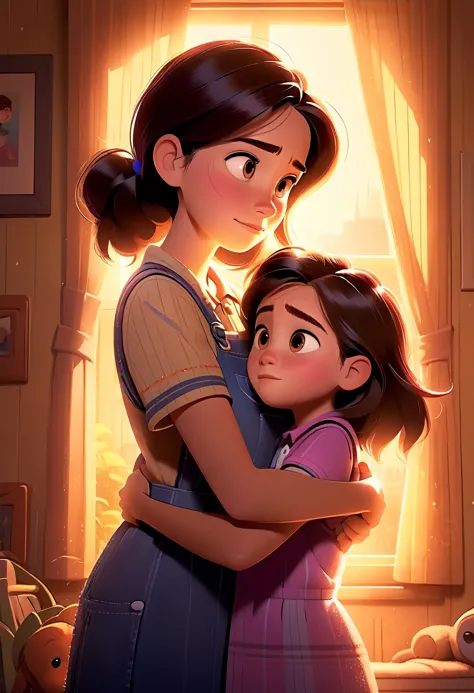 illustration of mother protecting girl，pixar style，warm picture，hd details