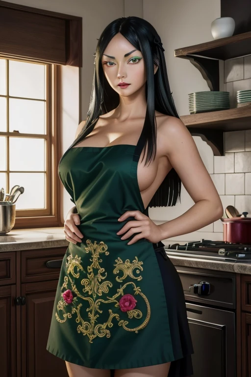 minevra,Fairy Tail,((long black hair)),(((Beautiful, Lovely,Dark green eyes,Beautiful pupils)),((Big breasts)),((apron on the naked body)),((Beautiful face)),((Beautiful губы)),I look at the viewer,kitchen,masterpiece, A masterpiece of the highest quality,(super HD),best quality detailed, A high resolution, HDR, extremely detailed illustration, detailed face and eyes,detailed body,detailed eyes