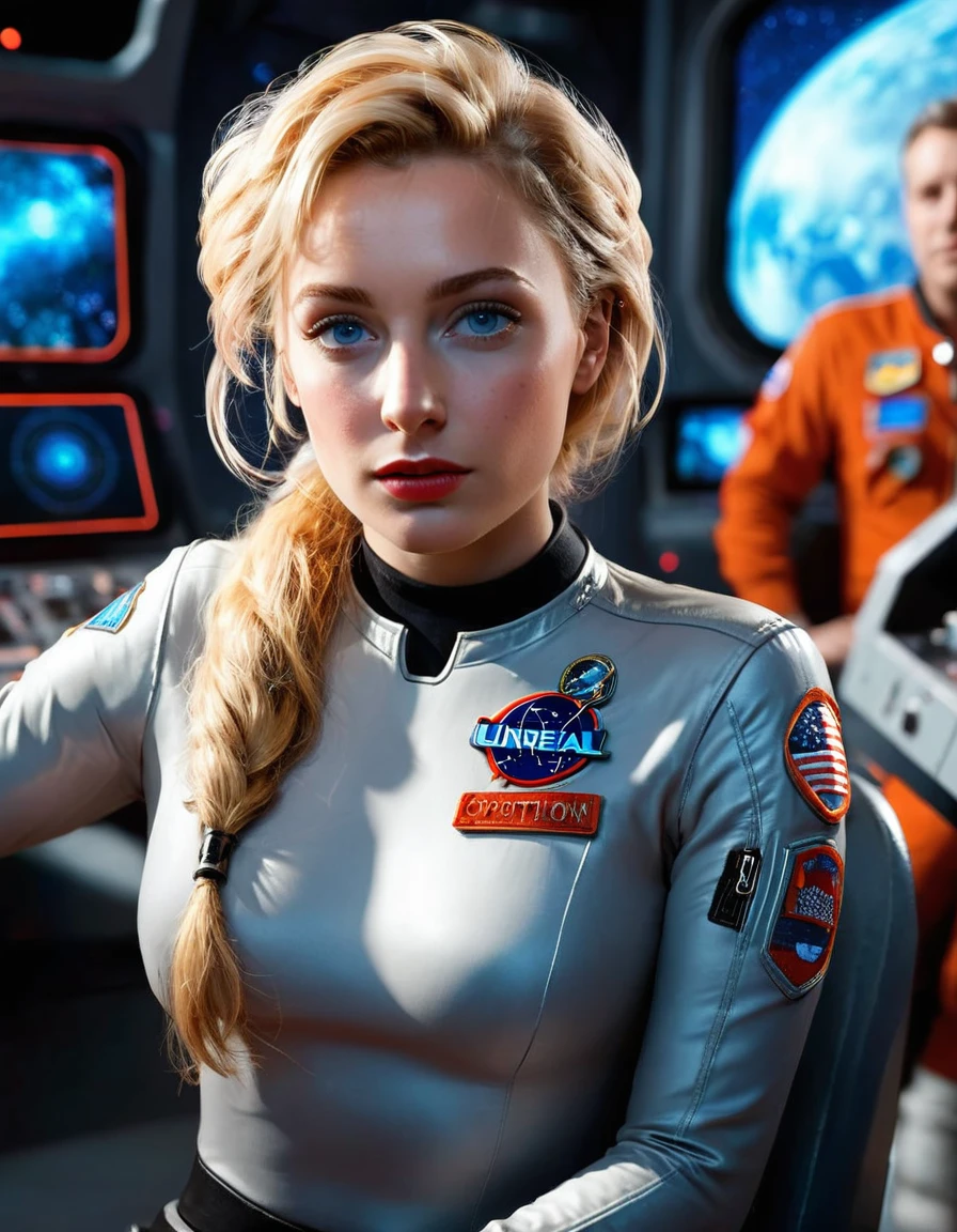 (masterpiece, best quality, illustration, unreal engine 5, official art:1.3), Rich Red color scheme, Don Lawrence hyper realistic picture of 24 yo Blond Haired [Marilynn Monroe:Maude Adams:0.45] as a Female Space Explorer, a technocratic, omnivorous, iridescent, astronaut commander, (sitting in a starbase control room:1.2),detailed face, detailed hair, detailed eyes, perfect fingers, insanely intricate detail, absurdres, 8k