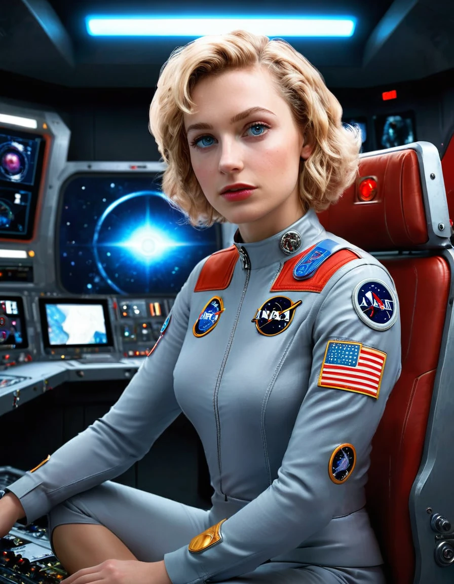 (masterpiece, best quality, illustration, unreal engine 5, official art:1.3), Rich Red color scheme, Don Lawrence hyper realistic picture of 24 yo Blond Haired [Marilynn Monroe:Maude Adams:0.45] as a Female Space Explorer, a technocratic, omnivorous, iridescent, astronaut commander, (sitting in a starbase control room:1.2),detailed face, detailed hair, detailed eyes, perfect fingers, insanely intricate detail, absurdres, 8k