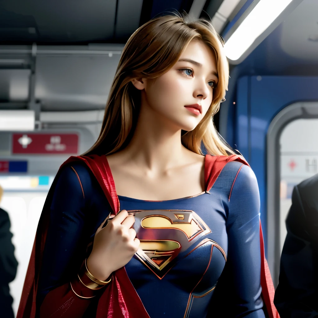 photo-realistic, surreal, cinematic lighting, 32K, 1 Supergirl、Supergirl&#39;s hands behind her head, (Improvement of quality:1.4), (Highest quality realistic textured skin:1.4), detailed face, short hair, bangs, (Enhances the beauty of skin texture:1.1), matte texture,full body portrait、、big breasts、crowded train、Supergirl Standing、many handassage both breasts、Grab both breasts、A hand caressing Supergirl&#39;s neck、A hand caressing Supergirl&#39;s face、A hand grabbing Supergirl&#39;s arm、Child looking up at Supergirl、Kid sucks Supergirl&#39;s nipple、Kid hugs Supergirl&#39;s thigh、 holds Supergirl&#39;s hand、A  strokes Supergirl&#39;s crotch、