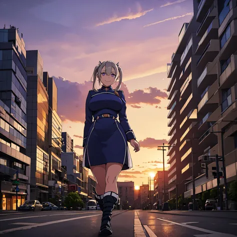 a woman wearing a dark blue military dress with white details, purple eyes, beige hair, pigtails, smiling, walking on a sidewalk...