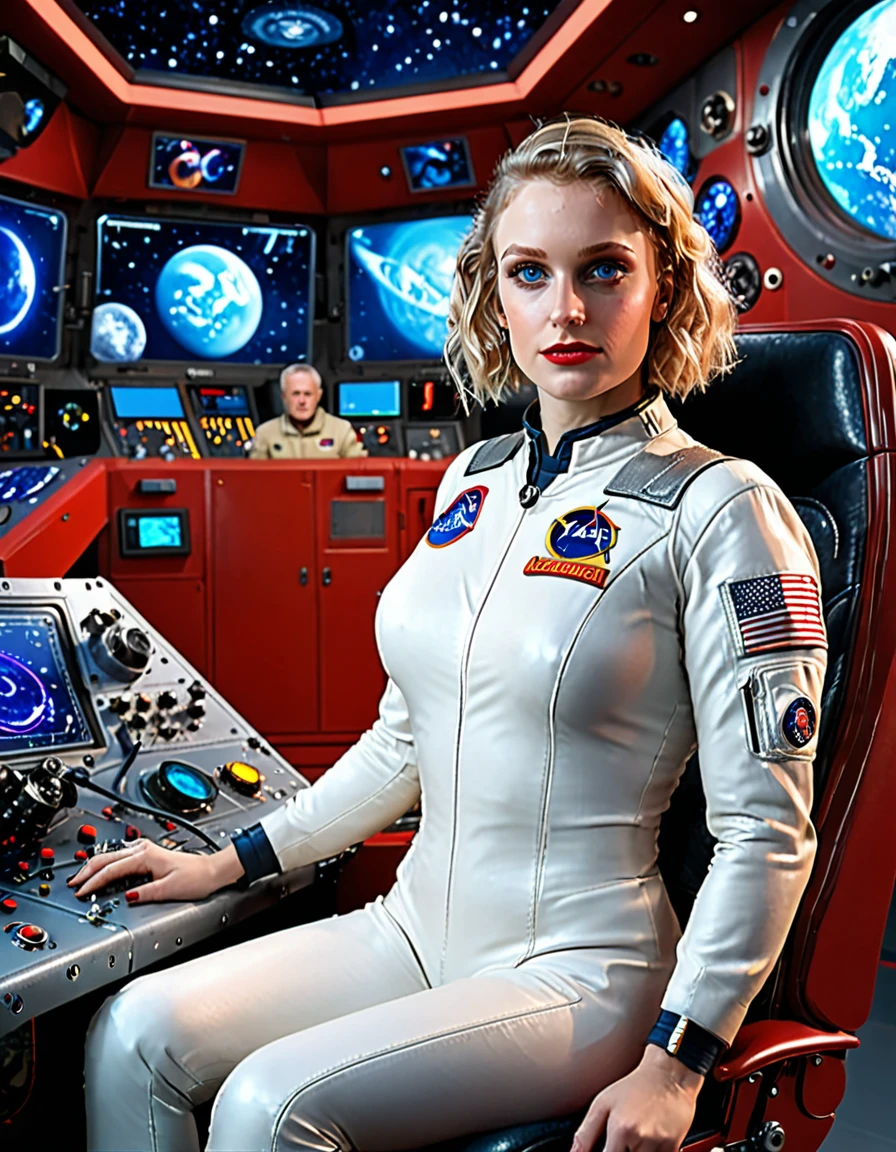 (masterpiece, best quality, illustration, unreal engine 5, official art:1.3), Rich Red color scheme, Don Lawrence hyper realistic picture of 24 yo Blond Haired [Marilynn Monroe:Maude Adams:0.45] as a Female Space Explorer, a technocratic, omnivorous, iridescent, astronaut commander, (sitting in a starbase control room:1.2),detailed face, detailed hair, detailed eyes, perfect fingers, insanely intricate detail, absurdres, 8k