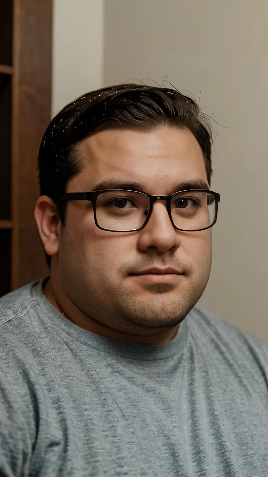 Arafed man with glasses and a gray shirt sitting in front of a bookcase -  SeaArt AI