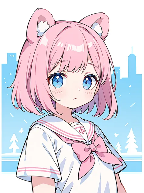 ski style, 1 girl, alone, pink hair, animal ears, blue eyes, wing, looking at the viewer, bangs, short hair, bow, sailor collar,...