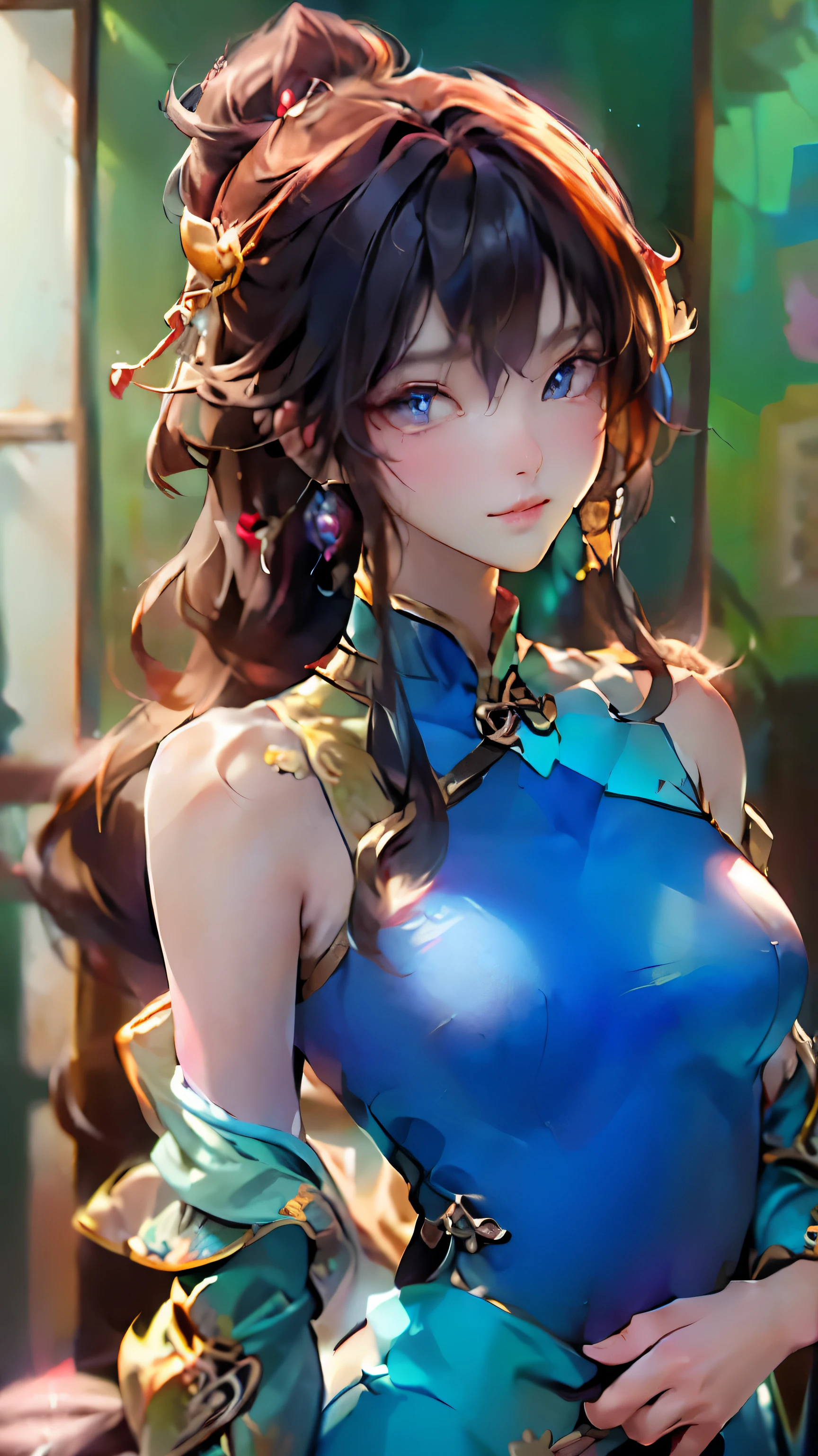 (masterpiece), (best quality), (ultra detailed),(illustration), (1girl), ((small breast:1.5)),(Wearing a Unique Aodai ), Fashion model, looking at viewer, (interview), (simple background),beautiful detailed eyes, delicate beautiful face,(high saturation),(colorful splashes),colorful bubble,(shining), focus on face, (( Jet hair)), bangs ,(( shoulder lenght hairs:1.5 )).Girl, anime waifu,((small breast:1.5)), highlydetailed, reflections transparent iridescent colors, long transparent iridescent RGB hair, artby Serafleur from artstation, thick acrylic，illustration on pixiv, waist up portrait, gorgeoussacred girl, best quality, ultra detailed,sad,clever,beautiful face , beautiful lighton black background, Character stvle renderedby Octane,cute emotion, cute smile,((Egyptian Blue unique Aodai)),(( Violet ao dai outfit patterns))