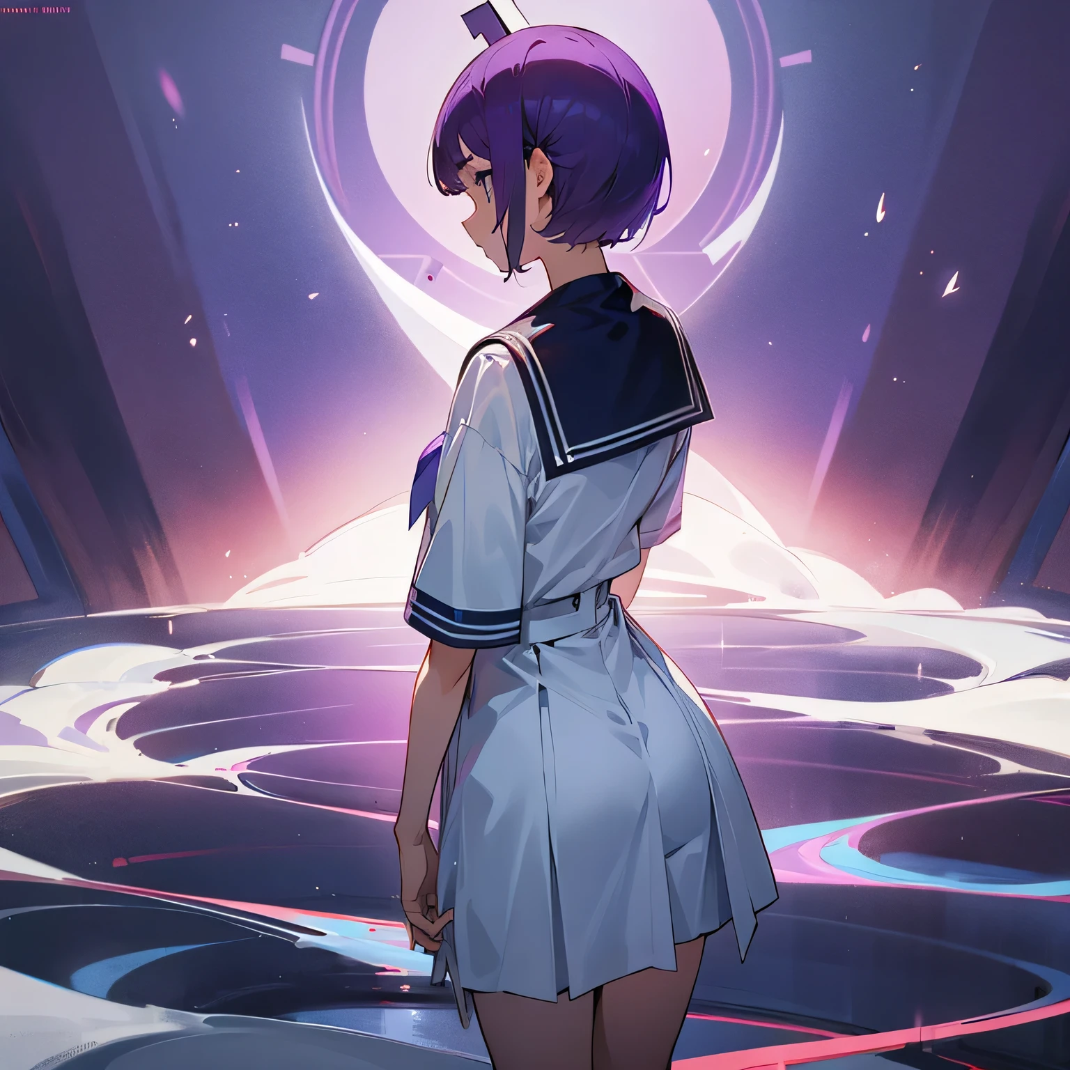 Anime girl in a short dress standing in front of a futuristic background -  SeaArt AI