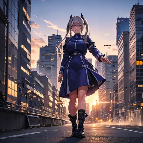 a woman wearing a dark blue military dress with white details, purple eyes, beige hair, pigtails, smiling, walking on a sidewalk...