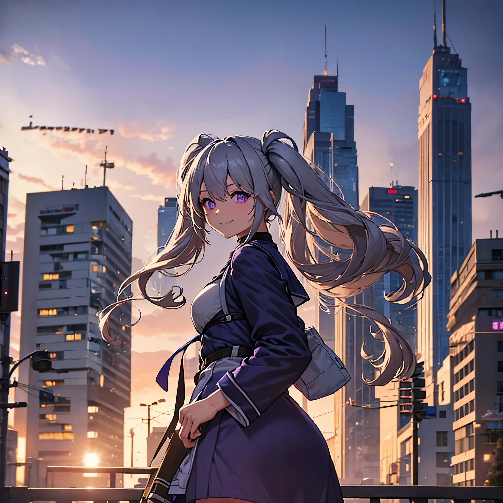 A woman wearing a dark blue military dress with white details, purple eyes, beige hair, pigtails, smiling, walking on a sidewalk in a big city, large buildings around, at sunset, lighting, HDR. ultra resolution, masterpiece, perfect, very detailed, 8k hd (just a woman, solo)
