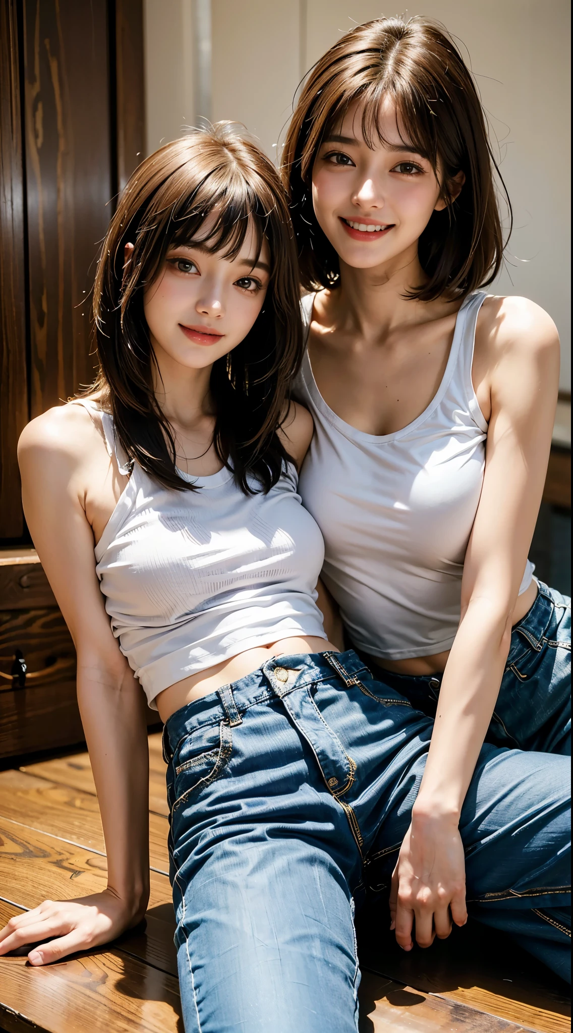 highest quality, masterpiece, ultra high resolution, (realistic:1.4), 20-year-old,((2 girls)),((They are resting their cheeks together.)),super high quality,8K,thinウエスト,thin脚,thin and beautiful arms,beautiful fingers,((Super realistic image quality)),sale eye makeup,thin,Medium chest,soft chest,(((生地thin短いタイトなＴshirt and pants only))),The shirt is short、 ,,beautiful breasts,((straight hair to shoulders)),((Bangs short hair)),realistic,picture media chest)),((toothy smile)),((big smile))