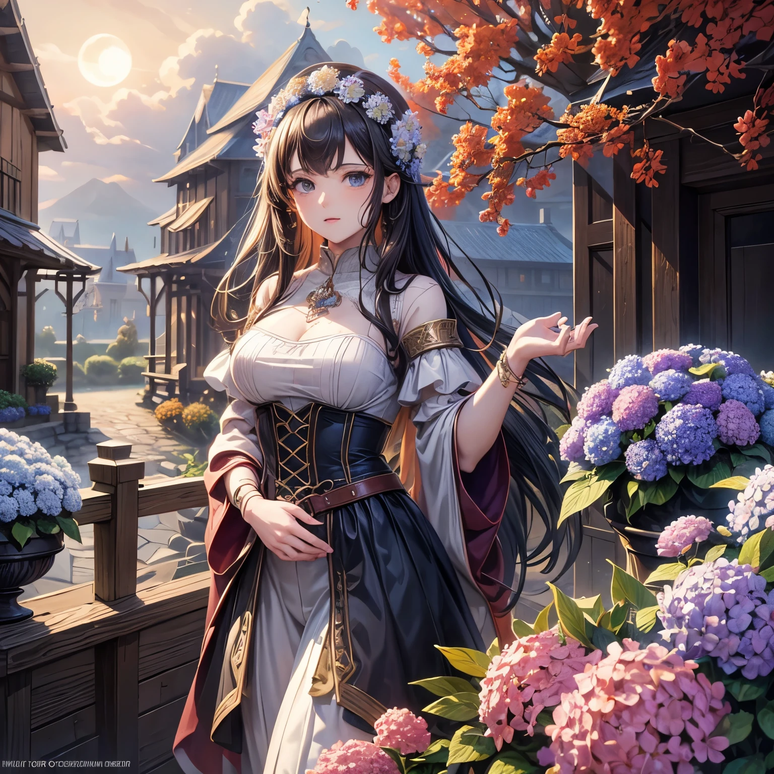 masterpiece, best quality, high quality, Very detailed CG 8k wallpaper unit, landscape, outdoor, set up, medieval tavern, autumn sky, autumn dusk, Autumn And Winter, cloudy day, The big moon shines, Award-winning photography, depth of field, high dynamic range, flowers, fountain, hydrangeas, lifelike, Very detailed, complex, high detail, dramatic, art on the go,  Artstation trends, CG social trends, Color difference.