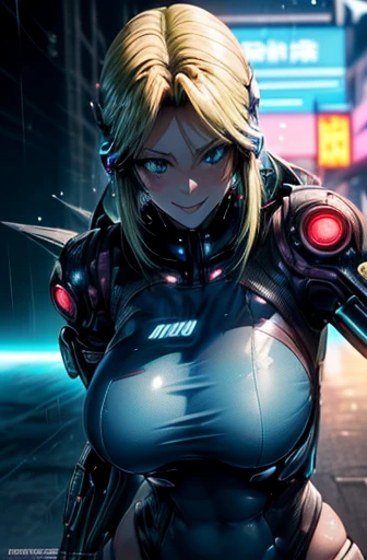 8k(((((Cute anime style face,(Good depiction of the face,anime style),(clumsy smile),face is red,beautiful woman,shyly,greenish blue eyes,cyber punk,Focus on people))))) ((woman,huge breasts:1.8, very red lips,Emphasis on huge breasts,BIG ASS,thin waist,long legs,Are standing,greenish blue eyes))3 (((clumsy smile)))((((Focus on people)))))((((Blur the background))))) (((cyber punk,Science fiction,Future world blonde long hair beautiful woman,it&#39;s raining,A picture with a strong cyberpunk worldview))) ((((shyly)))))