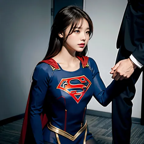 Supergirl kneels at the feet of a man in a business suit、blowjob、Man grabs Supergirl&#39;s head with both hands、Supergirl has her hands tied behind her back、