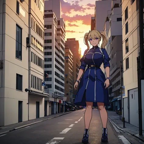 a woman wearing a dark blue military dress with white details, purple eyes, beige blonde hair, pigtails, smiling, walking on a s...