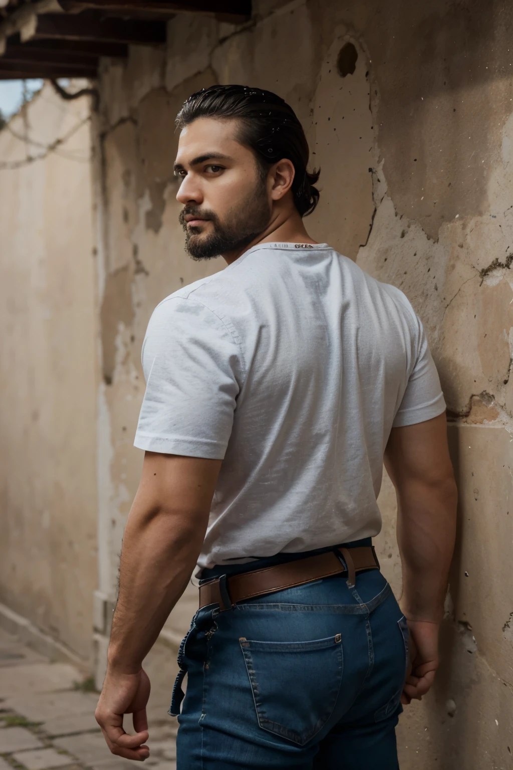 Arafed man with a beard and a white shirt leaning against a wall - SeaArt AI