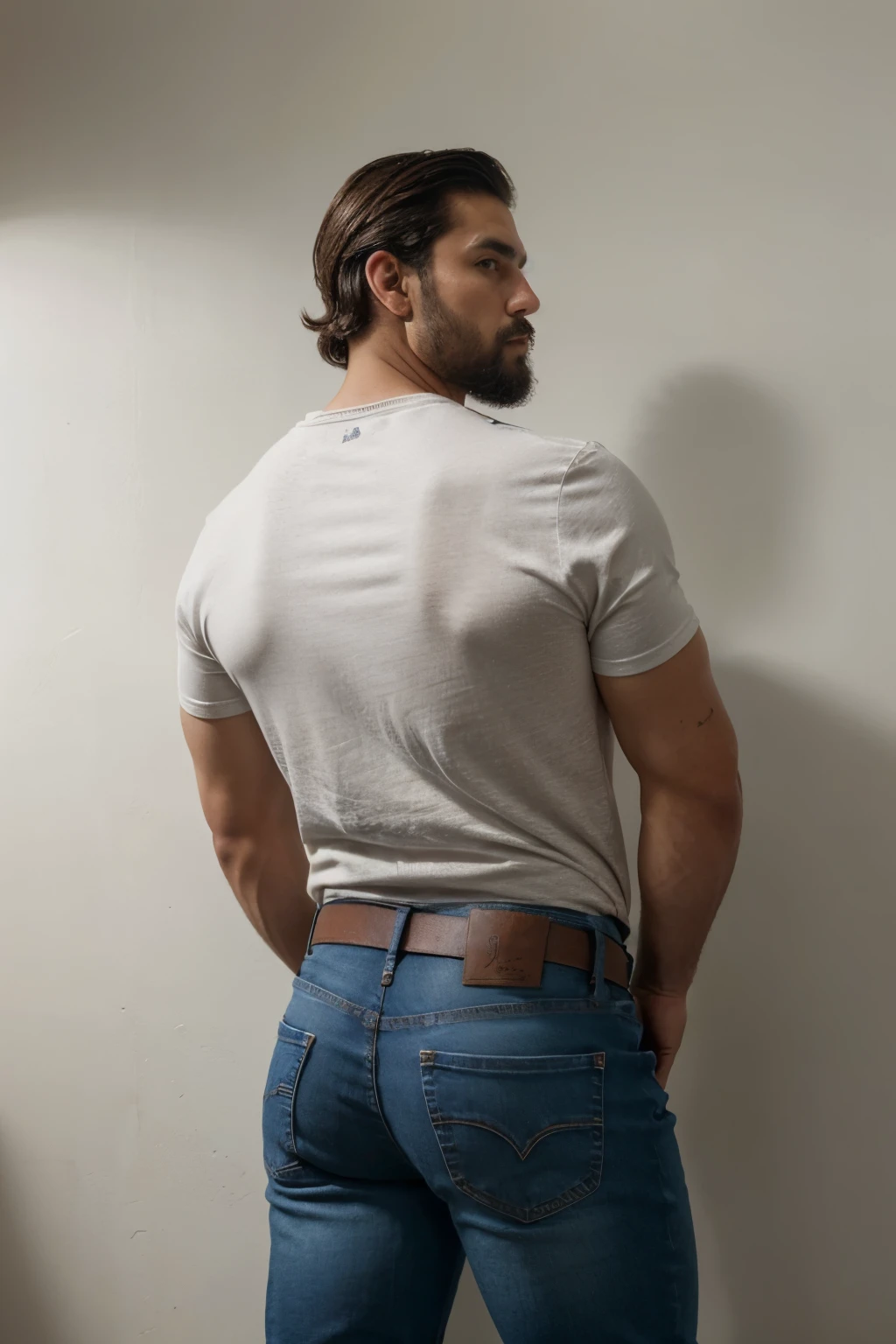 Arafed man in jeans and a white shirt standing against a wall - SeaArt AI