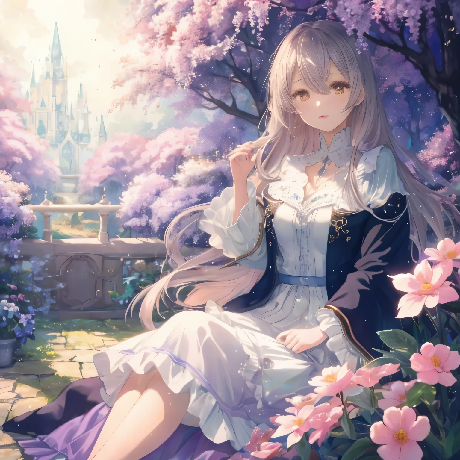 (high quality, 8K), (soft light), Rainbow-colored, one girl, detailed face, fine eyes, watercolor paiting,  so magical and dreamy, dreamy and detailed, dreamy atmosphereとドラマ, gorgeous atmosphere, Fantastic and beautiful lighting, dreamy atmosphere, beautiful atmosphere, dreamy romantic, Fantastic and dreamy theme, magical atmosphere, beautiful atmosphere, anime background art, magical atmosphere + table top, dreamy aesthetics, Beautiful details with atmosphere, lots of flowers, bubble, water, flower garden, sitting on the ground, shining eyes