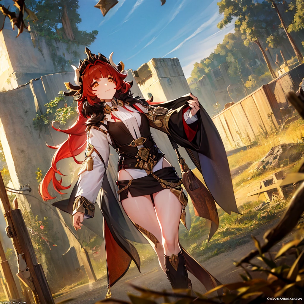 ((Masterpiece: 1.5, best quality, high resolution: 1.3, super resolution, super detailed, ultra detailed: 1.3, rich background: 1.2, Perfect Anatomy:1.5, 1 woman) pale skin + flame red hair + Long curly hair + yellow eyes + female figure + medium chest + small waist + wide hips + long reddish horns (accessories on her thighs, no shoes, minimal jewelry, indigenous style clothing) ((open eyes, smile, walking, dramatic lighting, background of a elgante street)) ((colors for clothing: brown, black, red, yellow, gold))