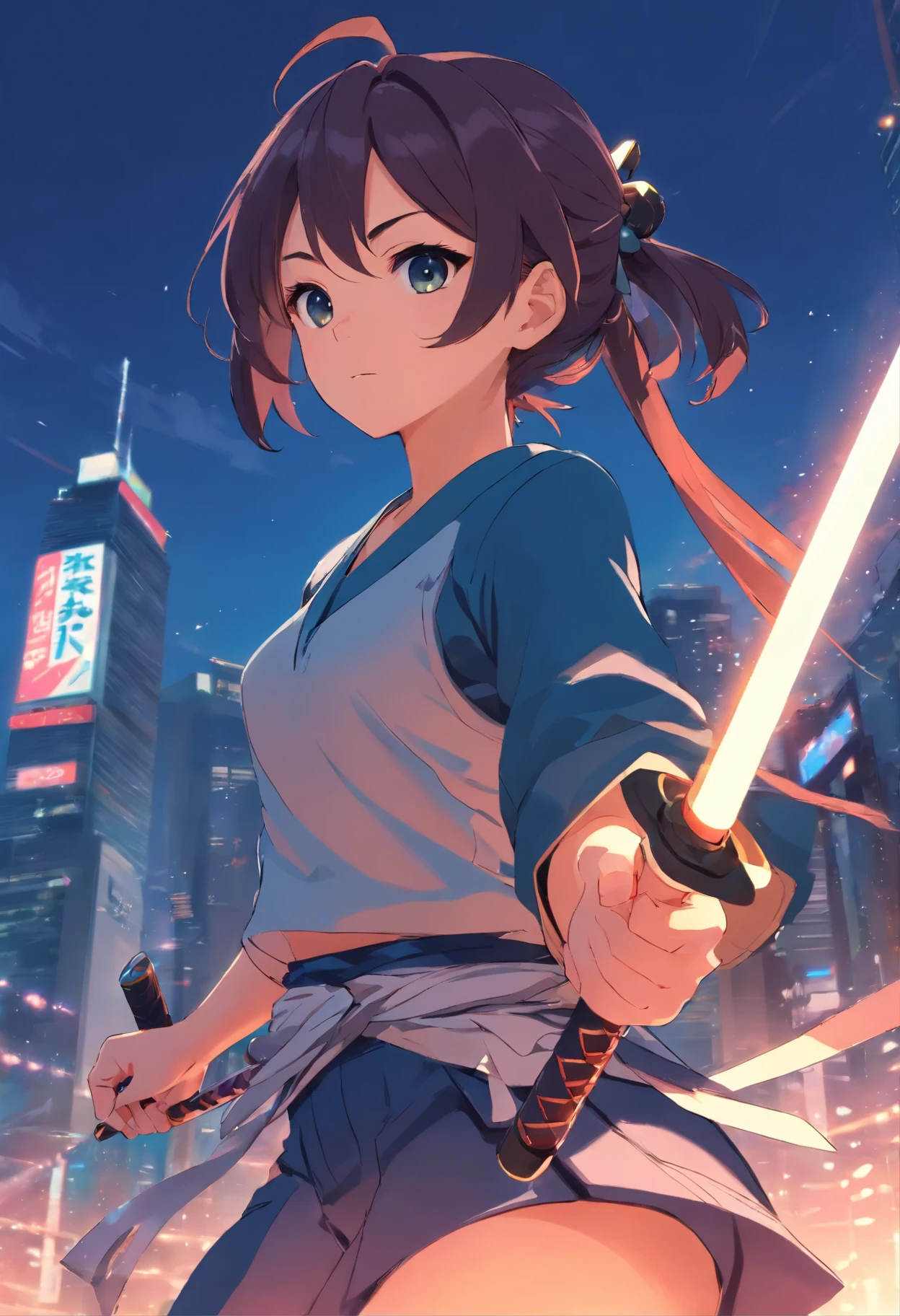 Chica de anime con espada en la ciudad por la noche - SeaArt AI