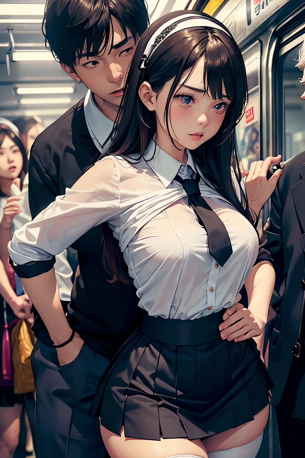 (SFW), ((photorealistic)), (masterpiece), (best quality:1.3), absurdness, [:intricate details1.3], SFW, realistic, masterpiece, (VERY crowded subway train interior detailed scenario, VERY crowded subway train interior detailed background), standing insanely hot (young small girl1) using sexy ((skirt)), ((behind skirt lifted)), ((3/4 white stockings, big ass)), ((thick thighs)), (fear expression), (blushed face), (perfect body proportions)), old small man ass groping young small girl 1 from behind, (((old small man pressing his chest on young woman 1 back))) and (((holding her waist behind her)))