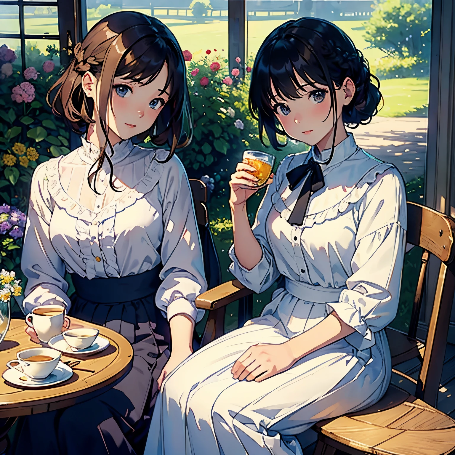 Anime image of two women sitting at a table with a cup of coffee - SeaArt AI