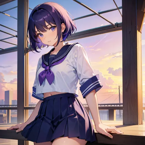 17-year-old girl with purple short hair wearing sailor uniform