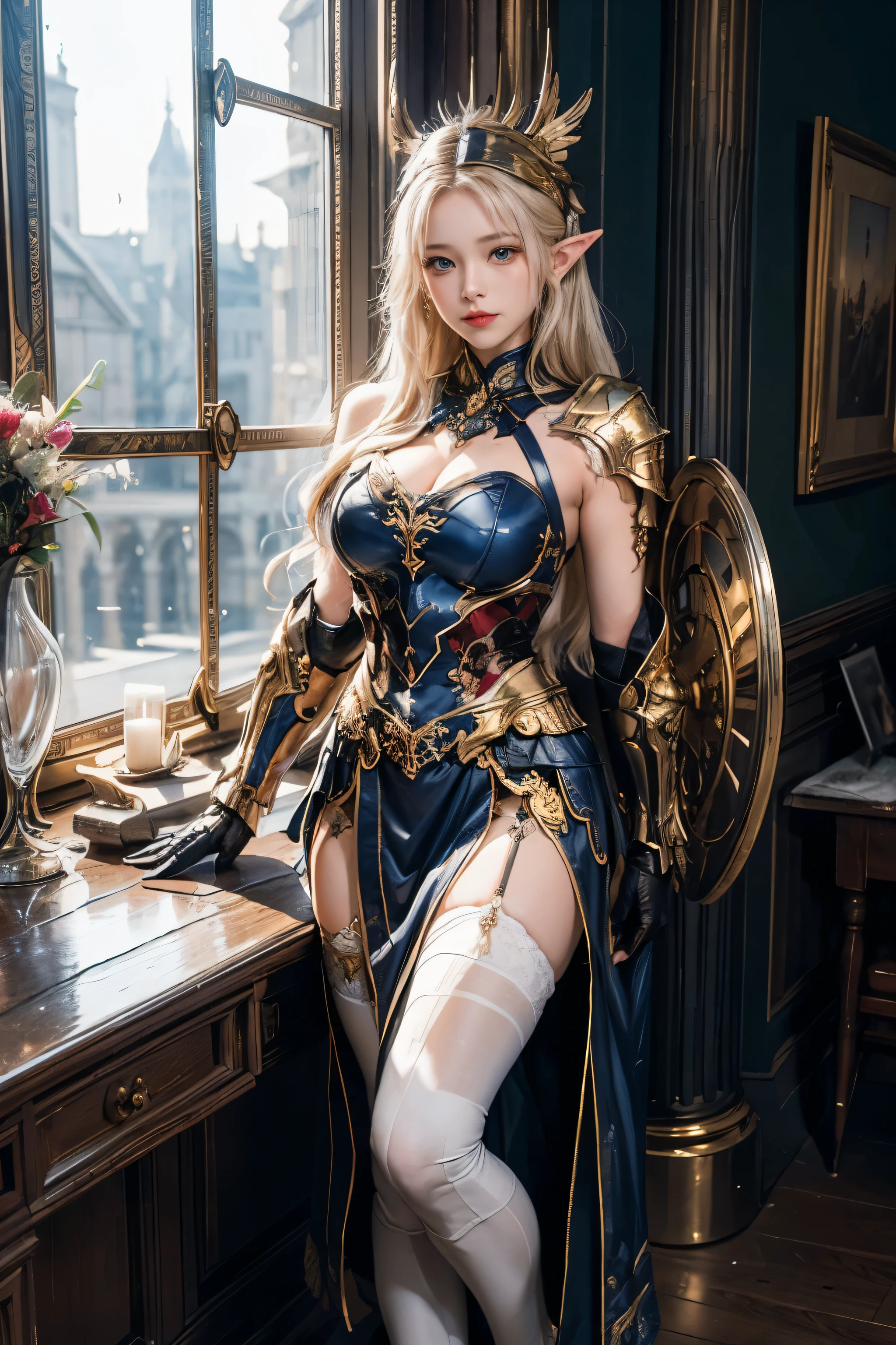 (8K, Raw photography, top-quality, ​masterpiece:1.2), One elf Woman、girl at the age of 18,fullllbody.{scinematic angle、Wide Angle、Don't split the screen、}（Realistic Skins 1.4）、（valkyrie、Valkyria）、（（（Western knights、Plate armor covering the whole body、Metal armor、nffsw）））、(royal blue above knee skirt with golden trim) 、（（（Sky with light、Asgard））、50mm Lens、30mm film、wide angles、（long、）、（A waist long straight blonde-haired）、blue eyes、shinny skin、beautiful detailed hair、cheerful smile, Beautiful delicate face、Beautiful delicate eyes、｛huge chest、perfect tits, muscular body、｝、(standing:1), bare shoulder, tight-high white stocking with golden-trim, (white:1) above elbow armhose and glove, 