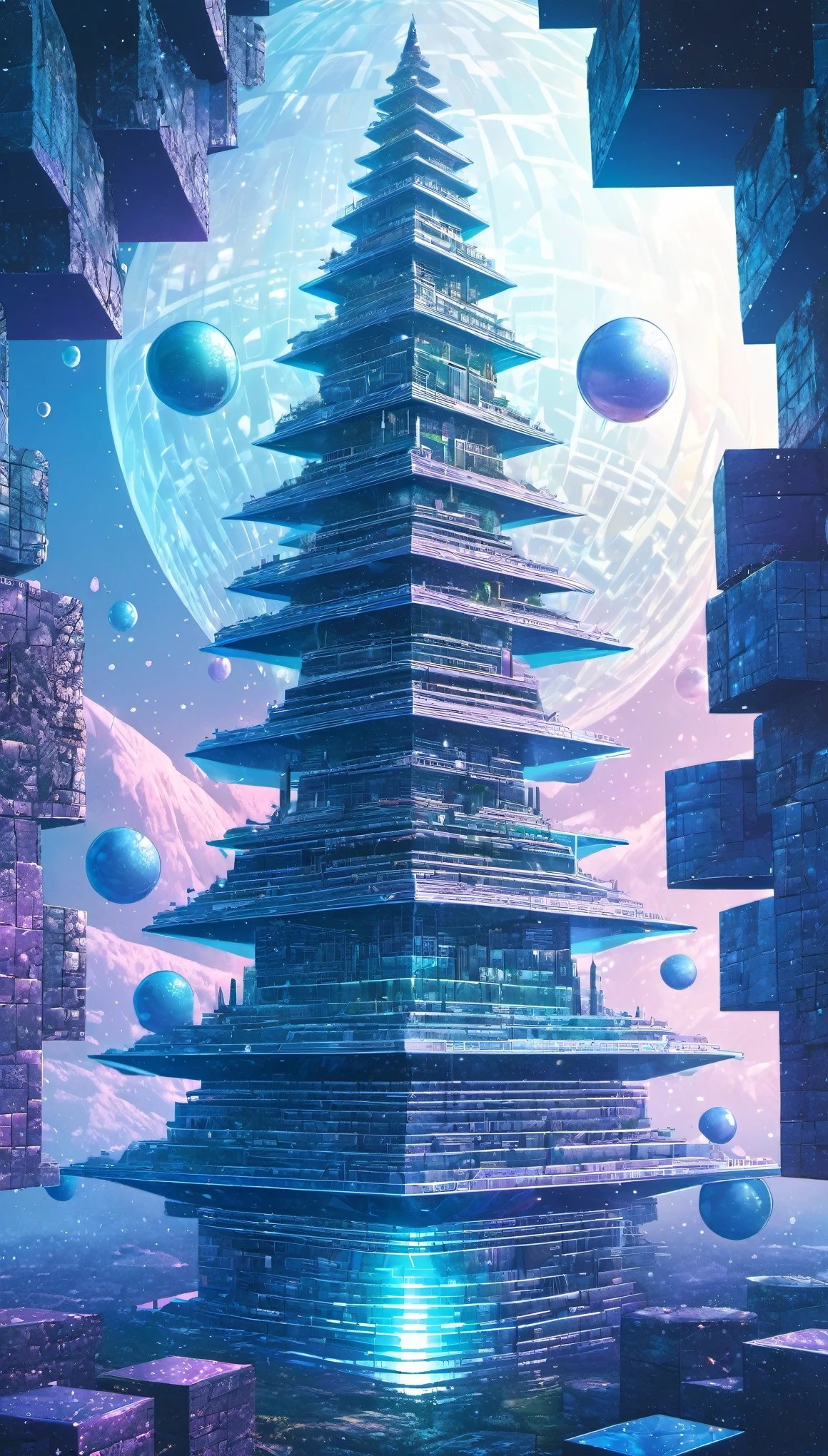 best quality, super fine, 16k, RAW photo, photorealistic, incredibly absurdres, extremely detailed, tower made of many giant geometrically shaped blocks stacked on top of each other, translucent iridescent sphere that shines in the center, fantasy world image, fantastic and mysterious