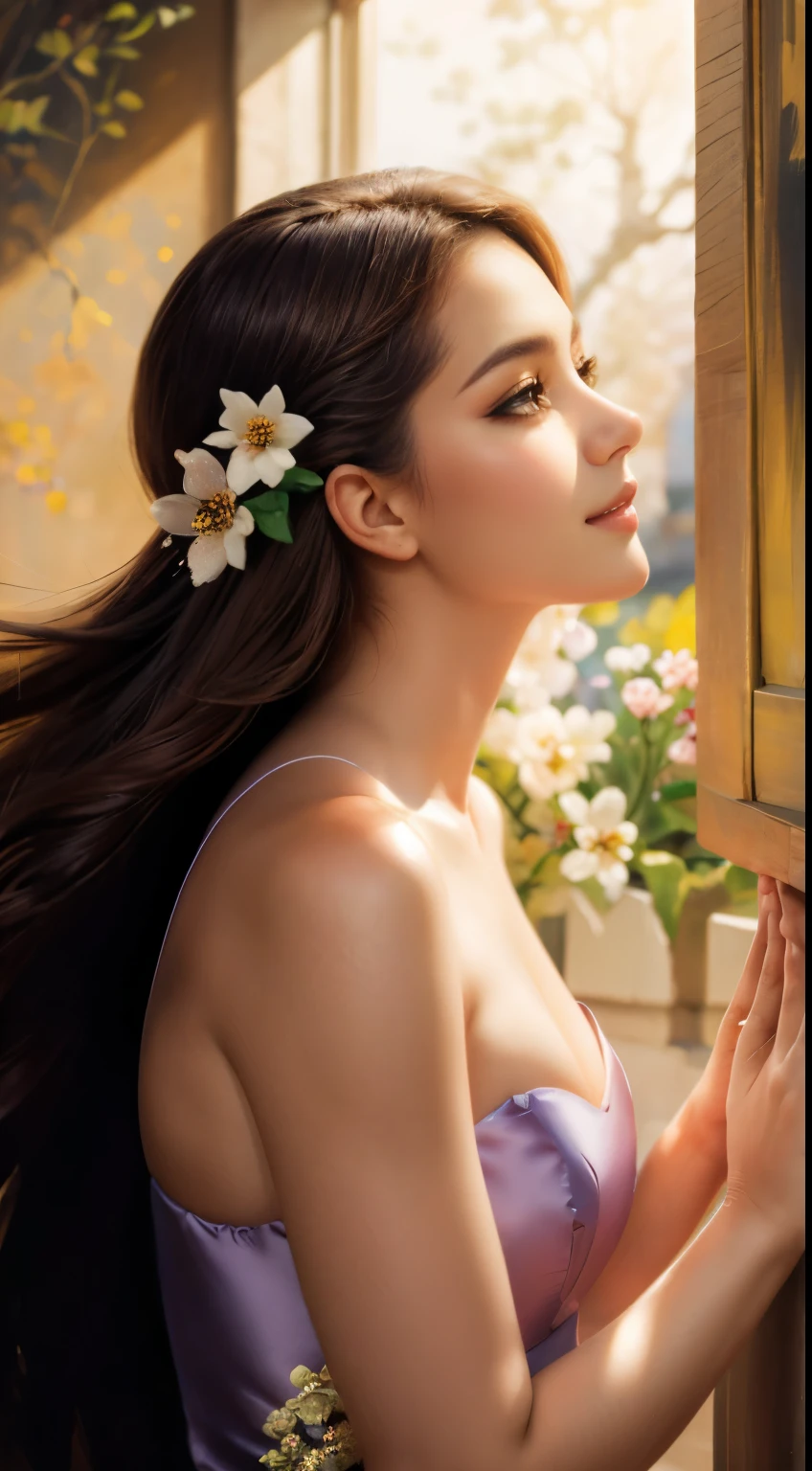 beautiful eyes, soft smile, vibrant colors, dreamy atmosphere, oil painting style, elegant dress, blooming flowers, golden sunlight, graceful pose, fine brushwork, realistic shadows, ethereal background