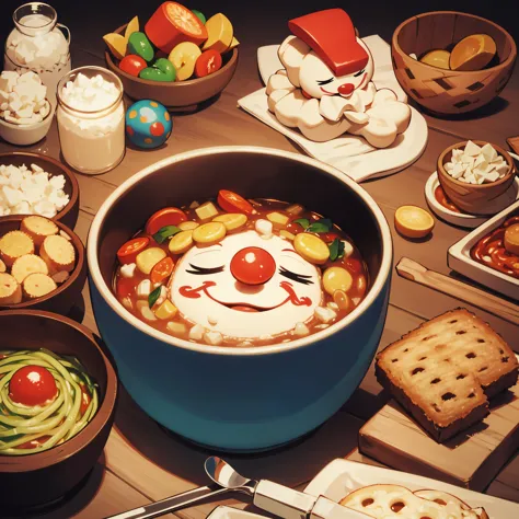 clown in soup, (clown face in soup), soup and clown, clown soup, clown in soup