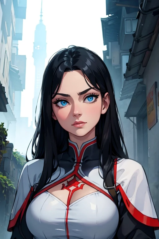 (artwork, Best quality, absurd, 4K, aesthetic, detailed, intricate, Perfect Lighting)1 girl, blue eyes,long black hair, perfect face, perfect eyes, red and white clothes,
