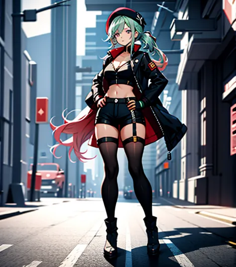 ubel,dark green hair,long hair,side ponytail,hair between eyes,bangs, BREAK (beret, black jacket, open clothes, cleavage, midrif...