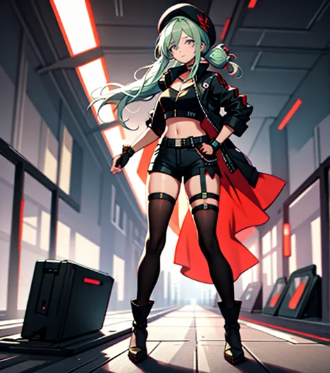 ubel,dark green hair,long hair,side ponytail,hair between eyes,bangs, break (beret, black jacket, open clothes, cleavage, midrif...