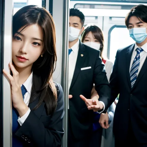 (Inside a crowded train:1.8)、(many passengers:1.8)、(surrounded by many businessmen:1.8)、(The businessman next door is closely fo...