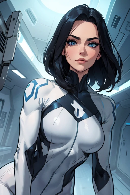 (work of art, Best quality, absurd, 4K, aesthetics, perfect eyes, perfect face, detailed, intricate, Perfect Lighting) 1 girl with fair skin, long dark hair, wears a futuristic dark blue and white bodysuit