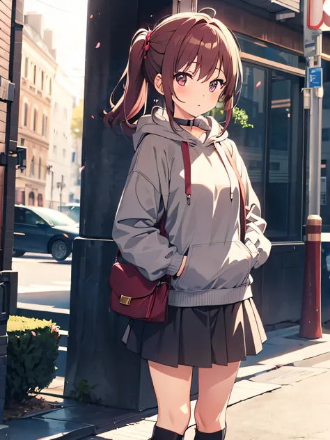 anime girl, burgundy ponytails, gray hoodie, gray skirt, combat boots
