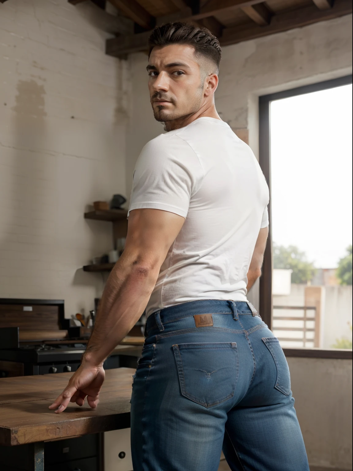 Hombre arafed con camisa blanca y jeans parado en la cocina - SeaArt AI