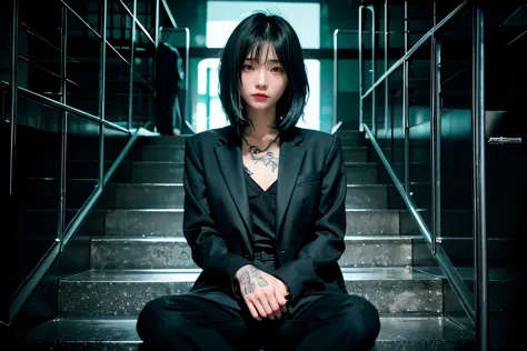 tech noir, calm cyberpunk style, dark cyberpunk atmosphere, A girl sitting lit staircase, shoulder length hair, Tattoo on hand, ...