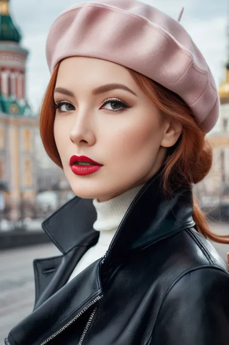 a close-up portrait of a gorgeous, beautiful, stunning russian woman wearing a classy elegant outfit: a black leather jacket, a ...