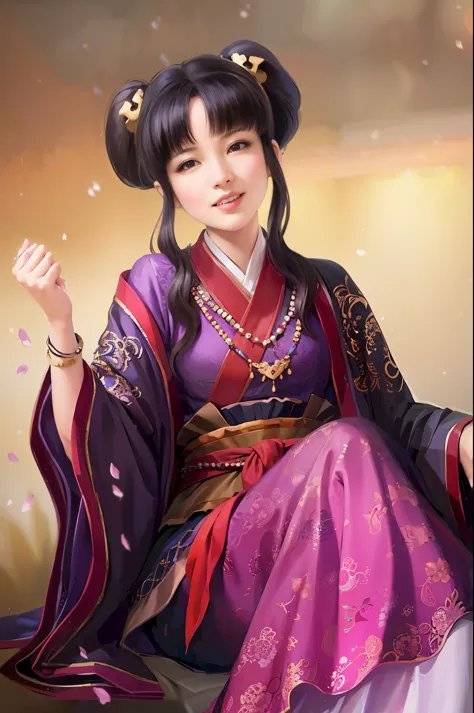 Arav woman in purple kimono sitting on a chair, beautiful figure painting, beautiful fantasy queen, palace ， A girl wearing Hanf...